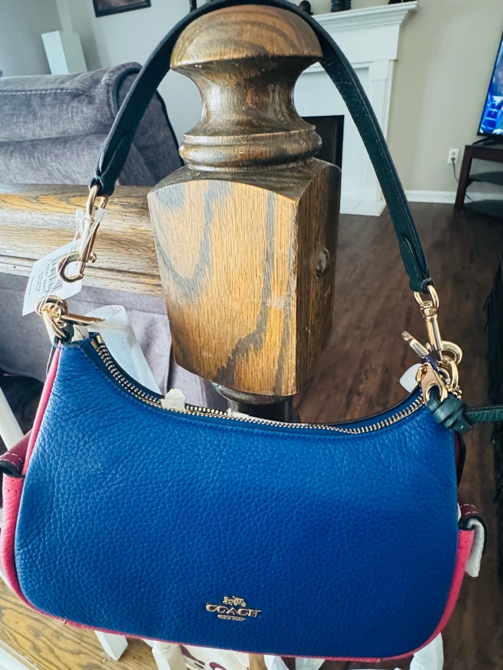 Coach Pebbled Leather Shoulder Bag in Blue with Pink Accent